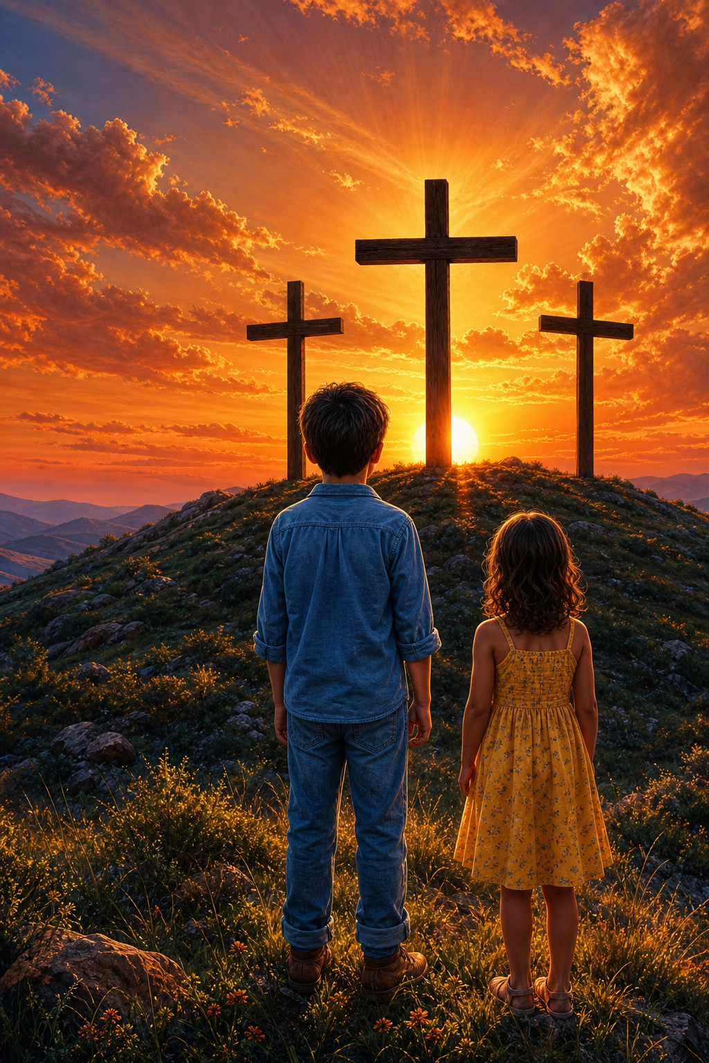 Children before three crosses at sunset